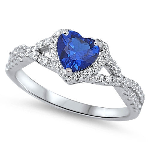 Blue Sapphire & CZ Heart Promise Ring .925 Sterling Silver Ring