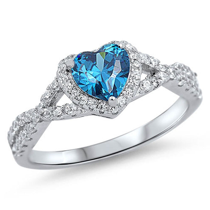 Blue Topaz & CZ Heart Promise Ring .925 Sterling Silver Ring