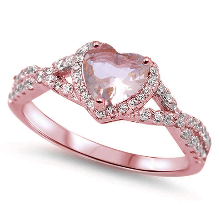 Rose Gold Plated Morganite & CZ Heart Promise Ring .925 Sterling Silver Ring