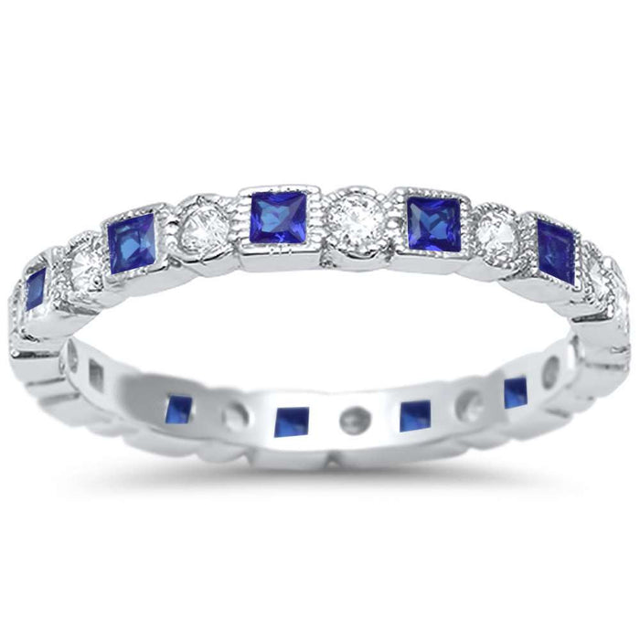 CLOSEOUT! Antique Style Blue Sapphire & CZ Stackable Eternity Band .925 Sterling Silver Ring
