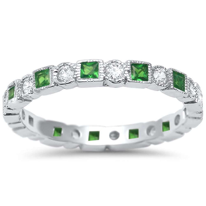 CLOSEOUT! Antique Style Emerald & CZ Stackable Eternity Band .925 Sterling Silver Ring Sizes 4-10