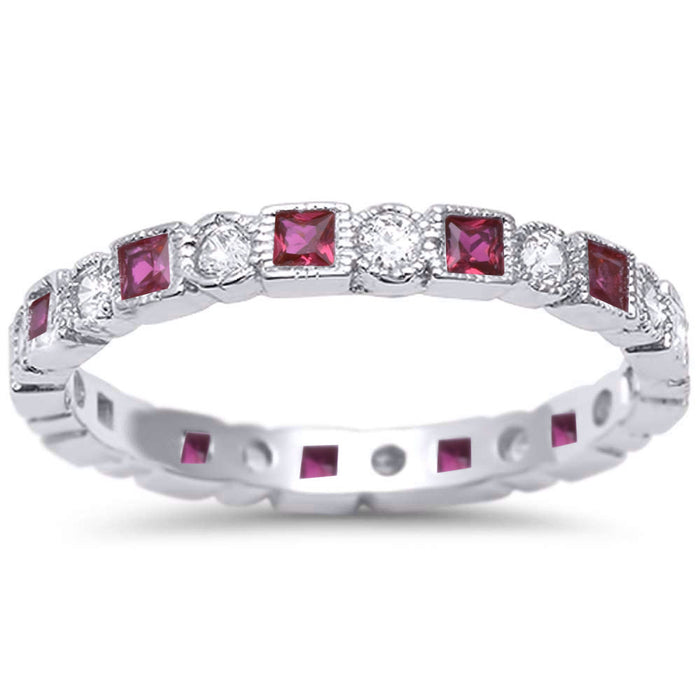 CLOSEOUT! Antique Style Ruby & CZ Stackable Eternity Band .925 Sterling Silver Ring Sizes 4,6,10