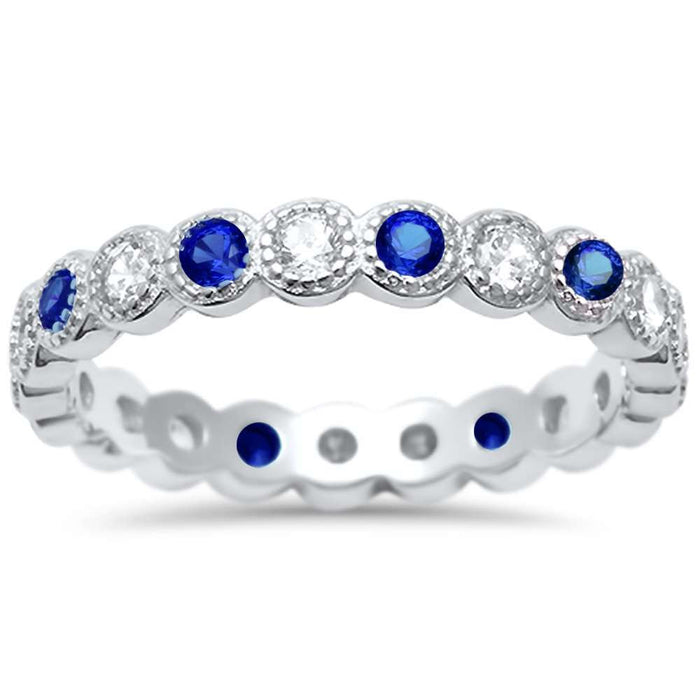 CLOSEOUT! Blue Sapphire & Cz Antique Style Bezel Set Eternity Stackable .925 Sterling Silver Ring Sizes 4-5