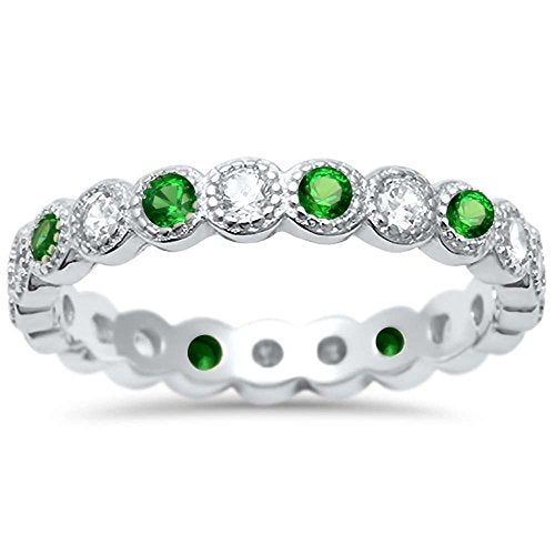 CLOSEOUT! Emerald & Cz Antique Style Bezel Set Eternity Stackable .925 Sterling Silver Ring