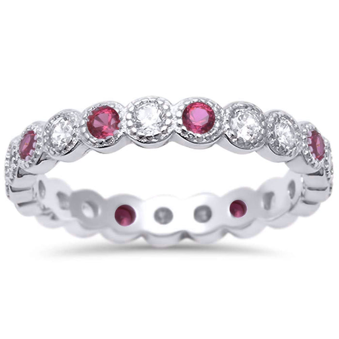 CLOSEOUT! Ruby & Cz Antique Style Bezel Set Eternity Stackable .925 Sterling Silver Ring