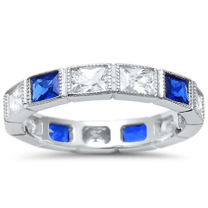 CLOSEOUT!Eternity Rectangle Blue Sapphire and CZ .925 Sterling Silver Ring Sizes 4 , 5, 10