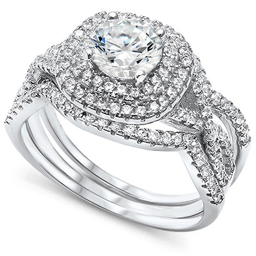 CLOSEOUT! Prong Wedding Set Round CZ .925 Sterling Silver Ring