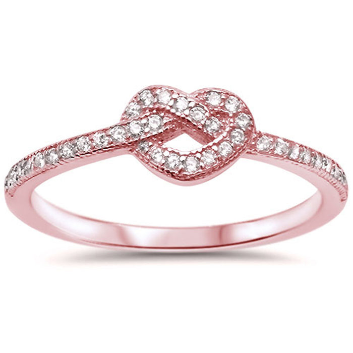 CLOSEOUT!Rose Gold Plated Heart Love Knot CZ .925 Sterling Silver Ring Sizes 4,7
