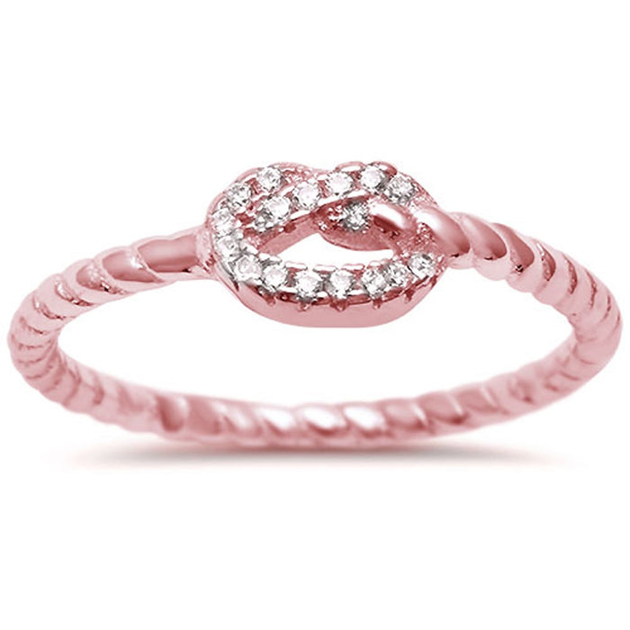 CLOSEOUT!Rose Gold Plated Heart Love Knot Rope Design .925 Sterling Silver Ring Sizes 4-10