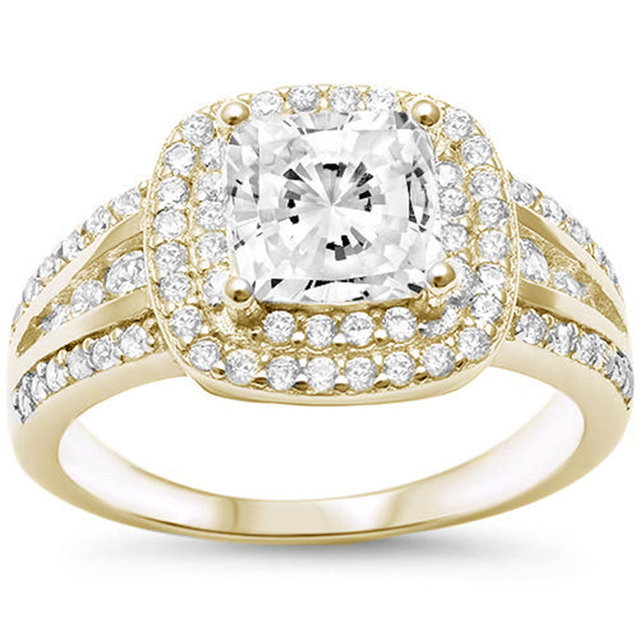 CLOSEOUT! Yellow Gold Plated Princess Cut Double Halo Engagement .925 Sterling Silver Ring Sizes 6-9, 11