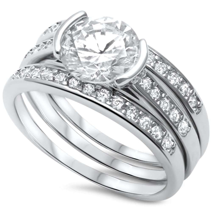 CLOSEOUT! Modern Half Bezel Set Round CZ Three Stone Bridal Set .925 Sterling Silver Ring