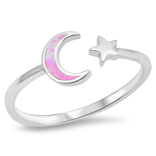 CLOSEOUT! Pink Opal Wraparound Moon & star .925 Sterling Silver Ring