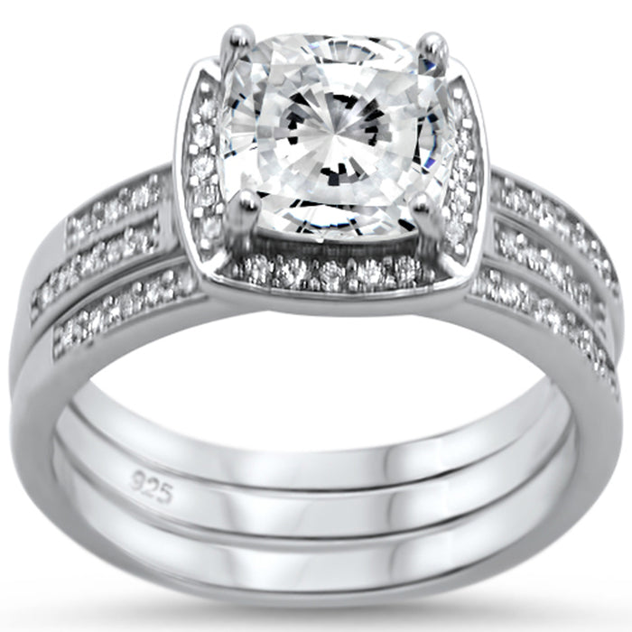 CLOSEOUT! Cushion Cut Three Piece Engagement .925 Sterling Silver Ring Set