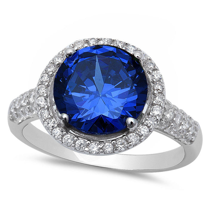 CLOSEOUT! Sterling Silver Halo Blue Sapphire Ring with Cubic Zirconias