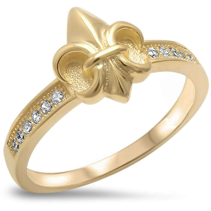CLOSEOUT!Yellow Gold Plated Fleur De Lis .925 Sterling Silver Ring Sizes 4-7,9-12