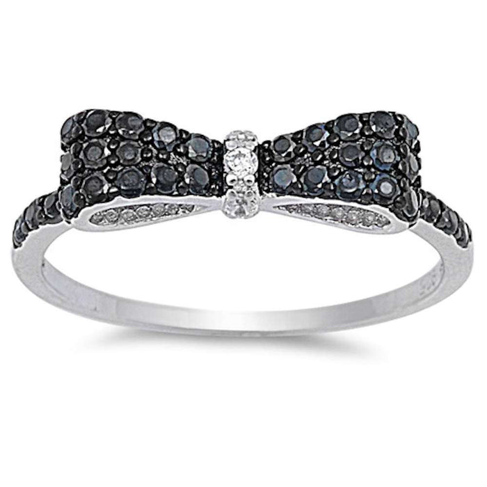 CLOSEOUT! Black & White Cz Bow Tie Heart .925 Sterling Silver Ring