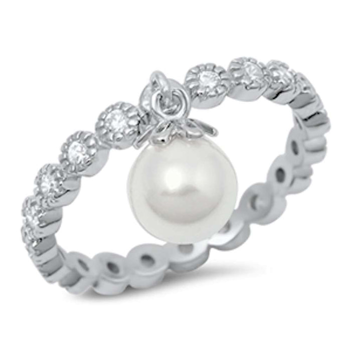 CLOSEOUT!Round Eternity Band & Dangle Pearl .925 Sterling Silver Ring