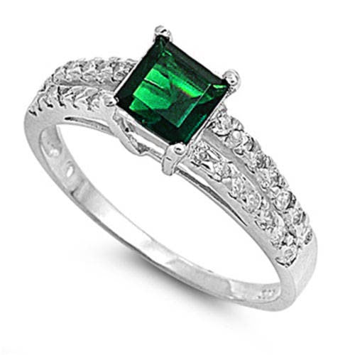 CLOSEOUT! Princess-cut Green Emerald & Cz .925 Sterling Silver Ring Sizes 5-9