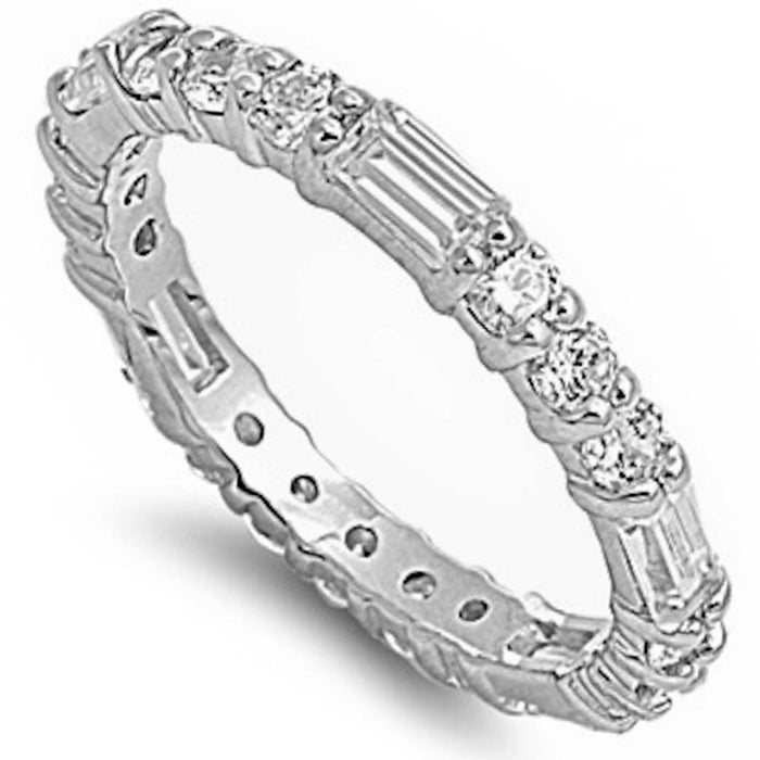 Closeout!Round & Baguette Cz Band .925 Sterling Silver Sizes 4-5,9-11