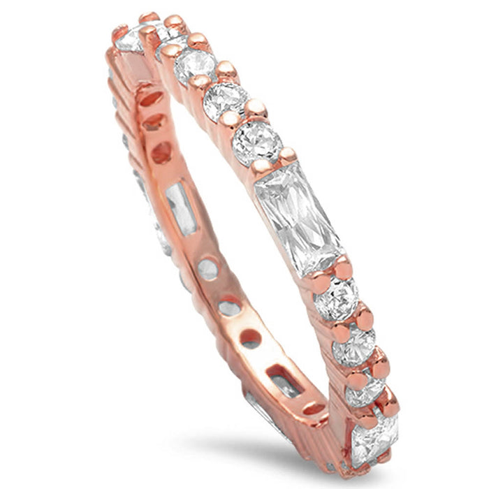 CLOSEOUT!Rose Gold Plated Round & Baguette Cz Band .925 Sterling Silver Ring Sizes 4-12