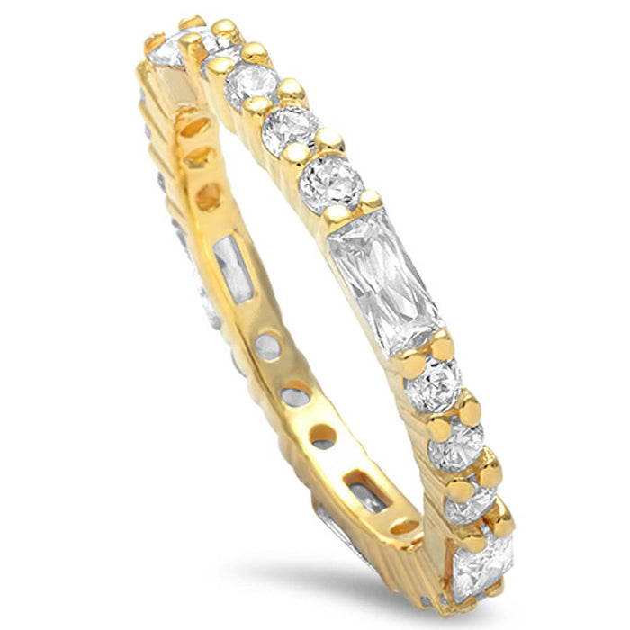 CLOSEOUT!Yellow Gold Plated Round & Baguette Cz Band .925 Sterling Silver Ring Sizes 4-12