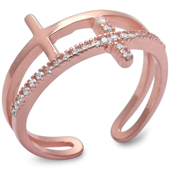 CLOSEOUT! Rose Gold Plated Plain & Cz Cross Sideways Cross .925 Sterling Silver Ring