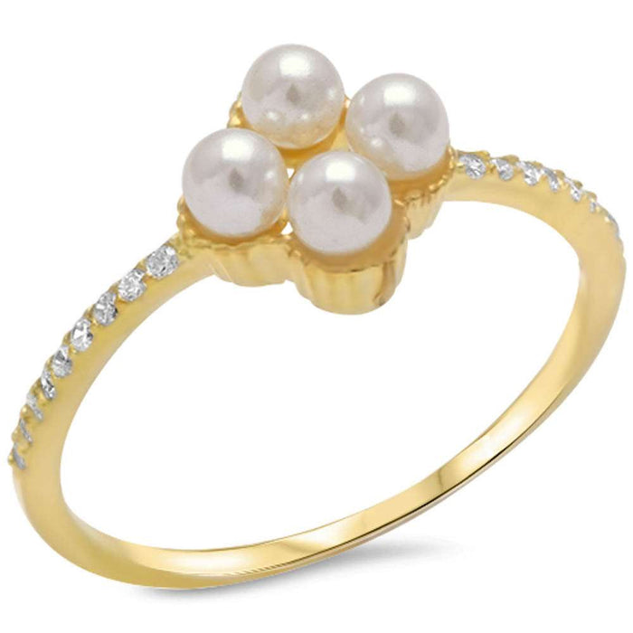CLOSEOUT!White Pearl & Cz. Yellow Gold 925 Sterling Silver Ring