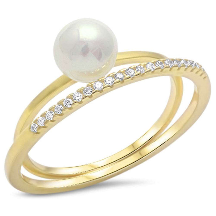 CLOSEOUT! Yellow Gold Plated Pearl & Cz .925 Sterling Silver Ring