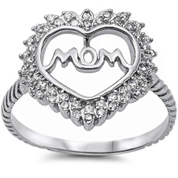 CLOSEOUT! For Mom! Cz Heart w/ Mom .925 Sterling Silver Ring