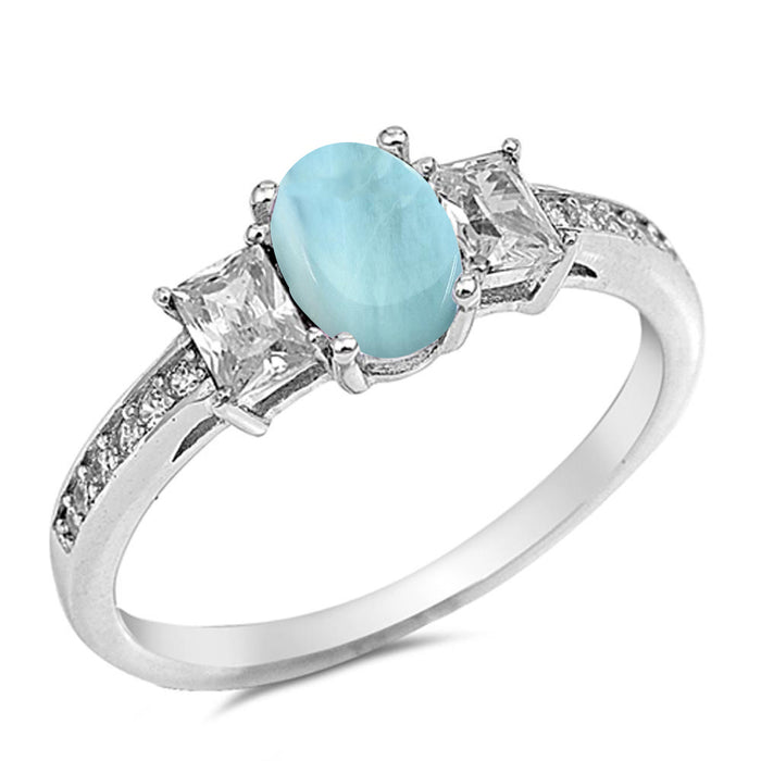 Oval Natural Larimar Cubic Zirconia .925 Sterling Silver Ring Sizes 5-10