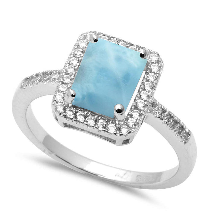 Radiant Shape Natural Larimar & Cubic Zirconia .925 Sterling Silver Ring Sizes 5-10