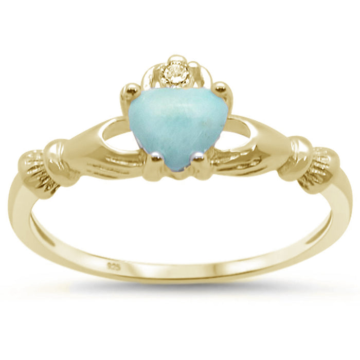Yellow Gold Plated Natural Larimar Claddagh .925 Sterling Silver Ring Sizes 6-8