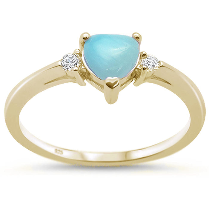 Yellow Gold Plated Natural Larimar Heart & Cubic Zirconia .925 Sterling Silver Ring Sizes 5-10