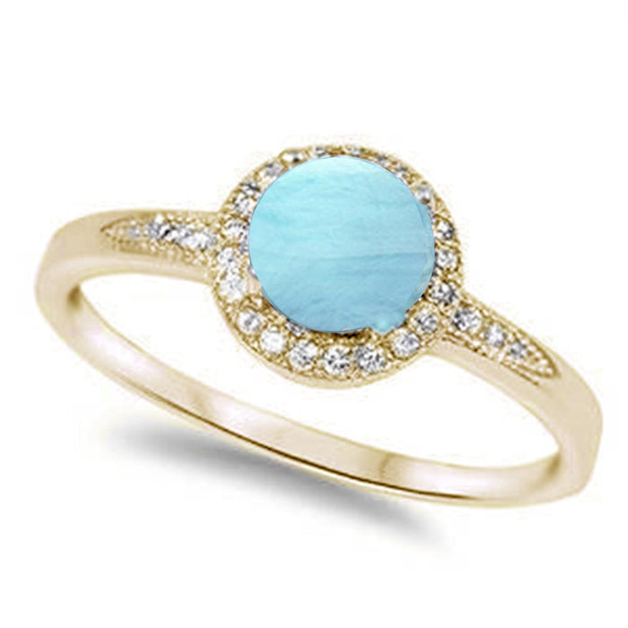 Yellow Gold Plated Halo Natural Larimar & Cubic Zirconia .925 Sterling Silver Ring Sizes 5-9