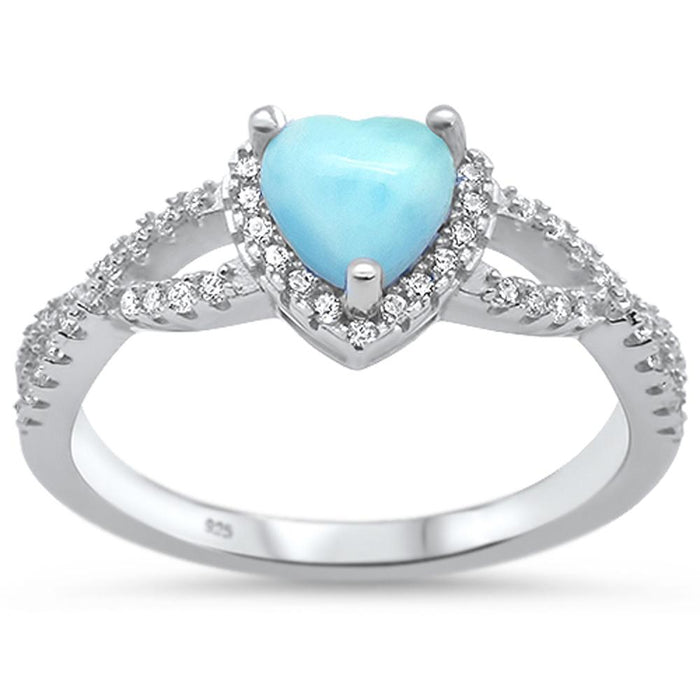 Natural Larimar Heart with CZ Promise Ring .925 Sterling Silver Ring Sizes 5-10