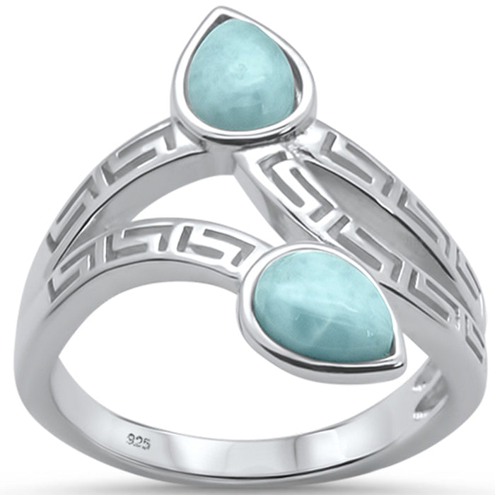 Natural Larimar Greek Key Leaf Design .925 Sterling Silver Ring Sizes 6-8