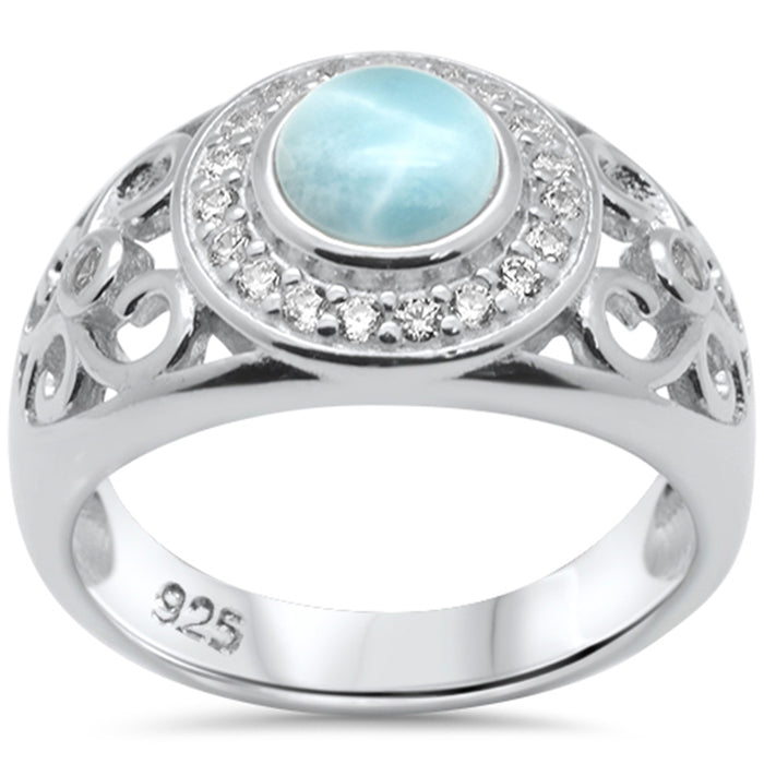 Round Shaped Halo Filigree Natural Larimar & CZ .925 Sterling Silver Ring Size 7,8