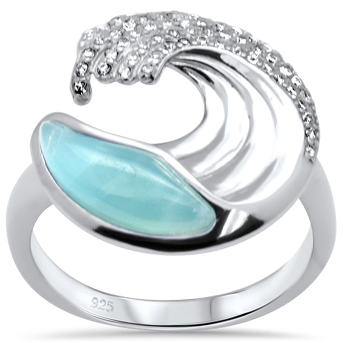 Natural Larimar & Cubic Zirconia Wave Design .925 Sterling Silver Ring Size 6-8