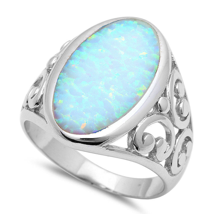 CLOSEOUT! Oval White Opal Filigree Ring .925 Sterling Silver
