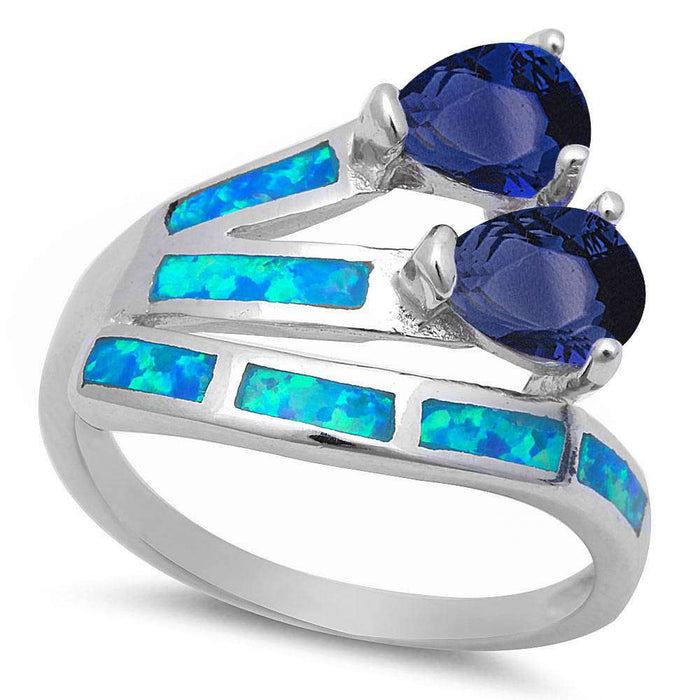 CLOSEOUT!Pear Shape Sapphire & Blue Opal Fashion .925 Sterling Silver Ring Sizes 5-10