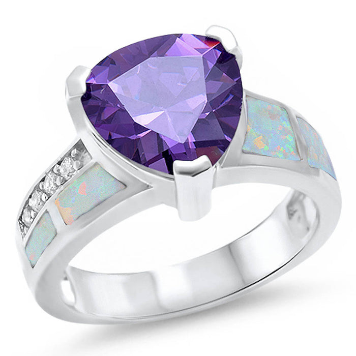 CLOSEOUT! Trillion Shape Amethyst, White Opal, & Cz .925 Sterling Silver Ring Sizes 5-10