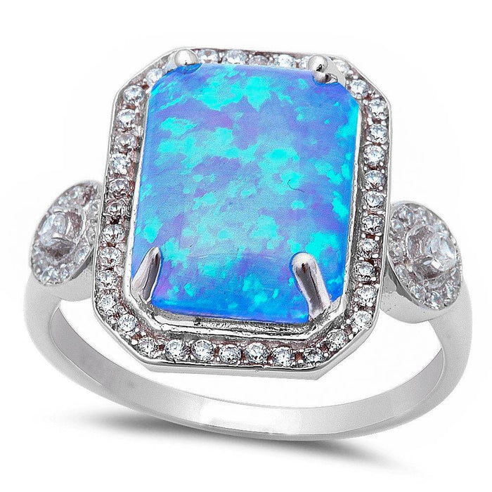CLOSEOUT! Large Radiant Cut Blue Opal & Cubic Zirconia .925 Sterling Silver Ring Sizes 5-12