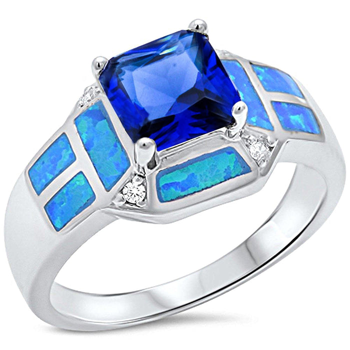 CLOSEOUT! Princess Cut Blue Sapphire, Blue Opal & Cz .925 Sterling Silver Ring