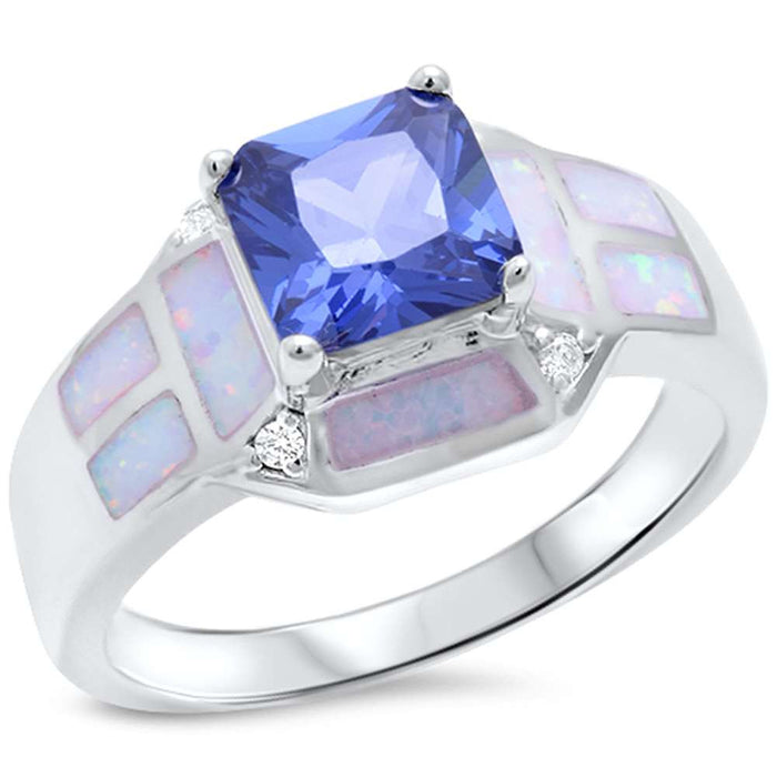 CLOSEOUT! Princess Cut Tanzanite, White Opal & Cz .925 Sterling Silver Ring