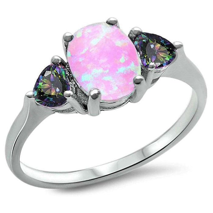 Oval Pink Opal & Heart Rainbow CZ .925 Sterling Silver Ring