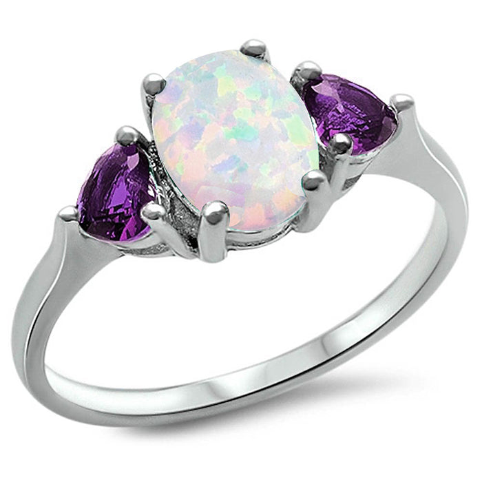 Oval White Opal & Heart Amethyst .925 Sterling Silver Ring