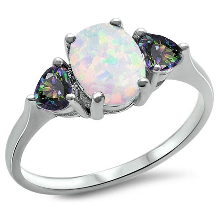 Oval White Opal & Heart Rainbow CZ .925 Sterling Silver Ring SIze 4-11