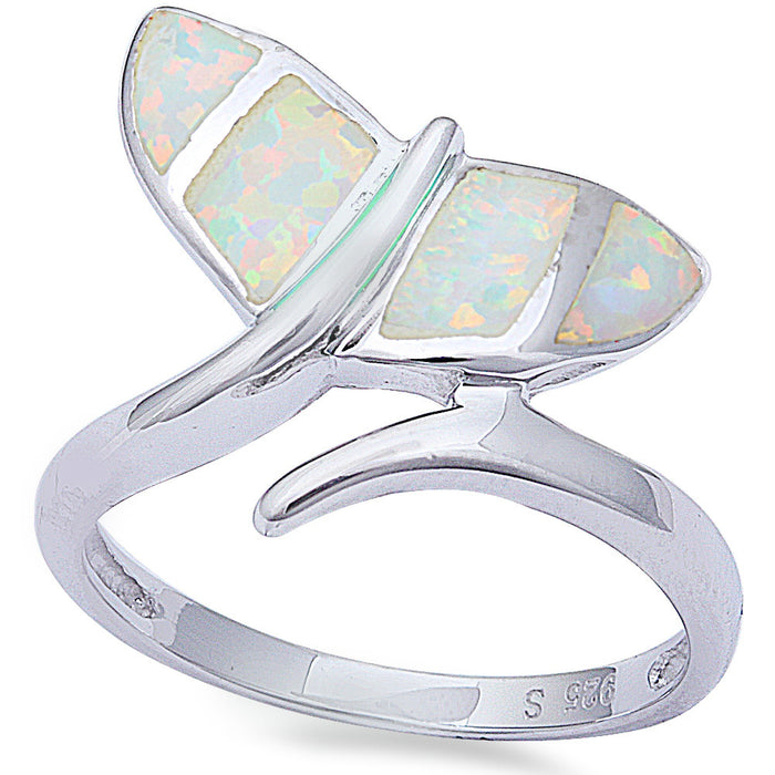 CLOSEOUT! Fire White Opal Whale Tail .925 Sterling Silver Ring