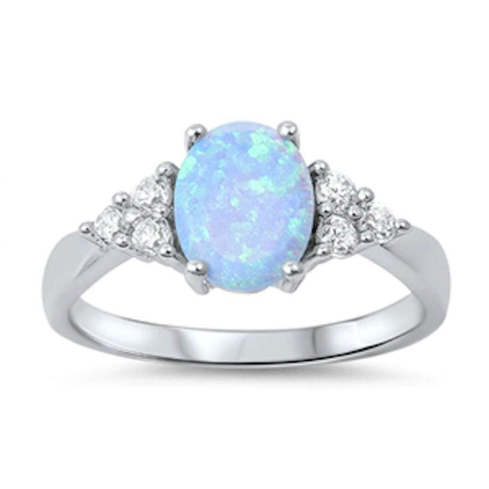 CLOSEOUT!Oval Light Blue Opal Fire Opal & Russian Cubic Zirconia .925 Sterling Silver Ring