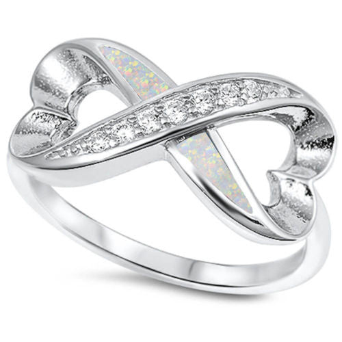 CLOSEOUT! White Opal & Cz Heart Shape Infinity .925 Sterling Silver Ring Sizes 5-6,8-10